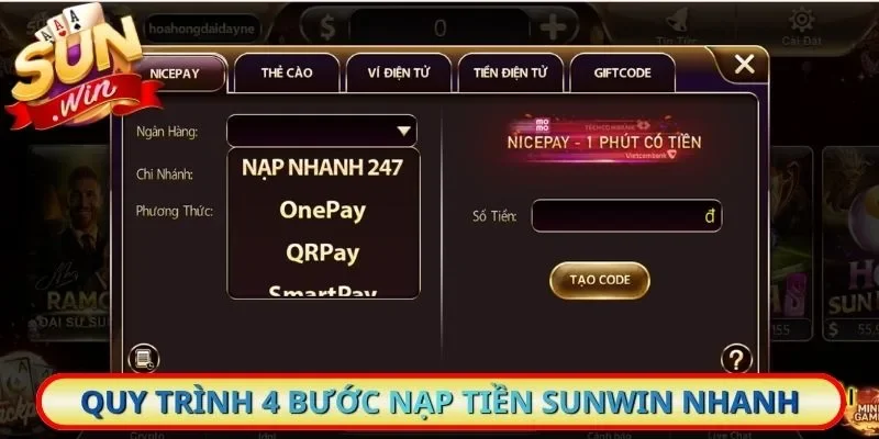 Quy trình 4 bước nạp tiền Sunwin khá nhanh